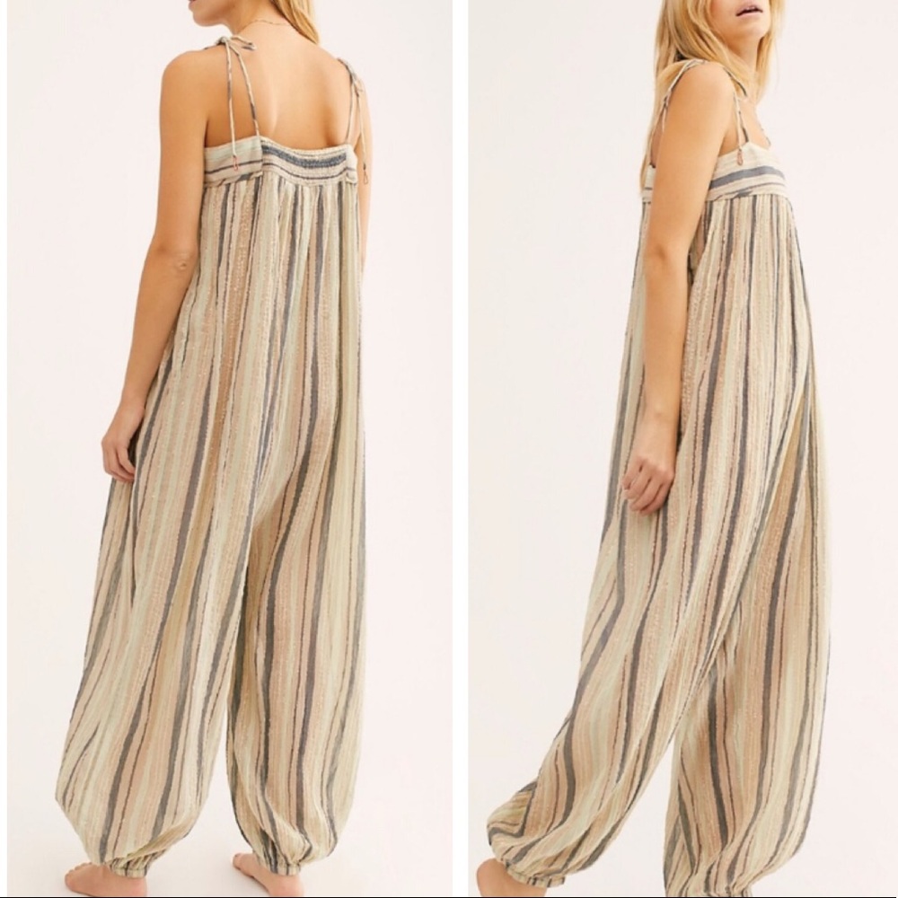 Free People Striped Jumpsuit in Beige and Blue
